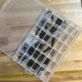 Pandora's Box black nickel fastener kit in organizer box with black screws, nuts, washers, inserts and 6x3 mm magnets