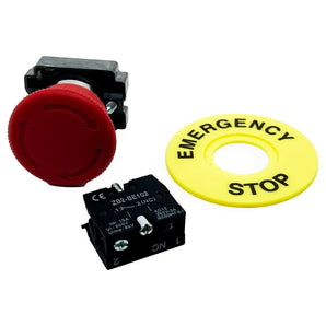 Emergency stop button with Schneider Electric ZB2BE102 contact block