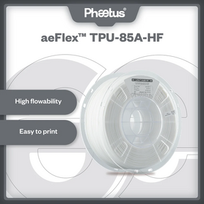 Phaetus aeFlex TPU-85A-HF high-flow flexible filament spool with easy-to-print feature callouts
