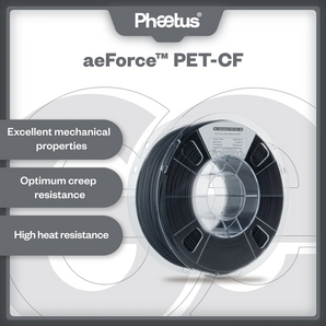 Phaetus aeForce PET-CF black 1.75mm 1kg spool with callouts for mechanical, creep, and heat resistance