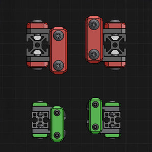CAD render of clee Beefy Z Idlers for Voron, showing red and green idler carriages with aluminum pin hardware