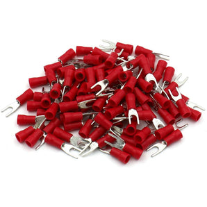 Red insulated #6 fork spade crimp terminals for 22–18 AWG wire, sold as a 10-pack