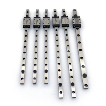 Six stainless MGN linear rails with carriages for a Salad Fork 160mm rail kit