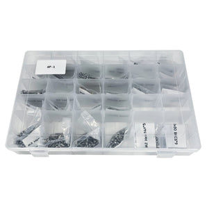 Salad Fork stainless steel fastener kit sorted in a labeled compartment organizer with screws, nuts, washers, inserts, and 6x3 magnets