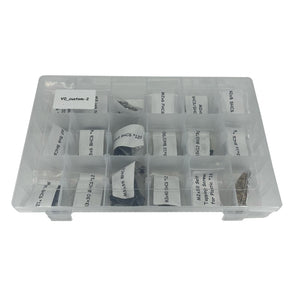 Voron V0 fasteners kit sorted in a compartment organizer with labeled screws, nuts, washers, T-nuts, and heat-set inserts