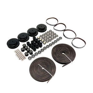 Voron 2.4 motion kit with black GT2 pulleys and idlers, Gates belt loops and open belts, flanged bearings, and steel shafts