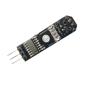 TCRT5000 reflective optical sensor module on a small breakout PCB, top-down view: 4-pin header (Vcc, GND, DO, AO), IR LED + phototransistor package, sensitivity trimpot, two 3 mm mounting holes.