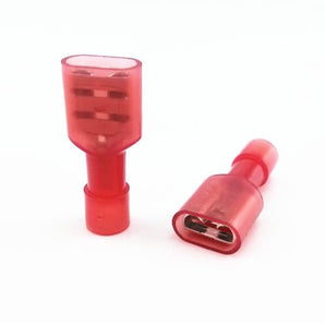 Two red fully insulated female quick-disconnect spade terminals with translucent sleeves