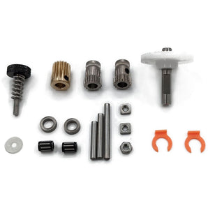 Runice BMG-style extruder component kit with drive gears, shafts, bearings, tension screw, washer, nut, and retaining clips
