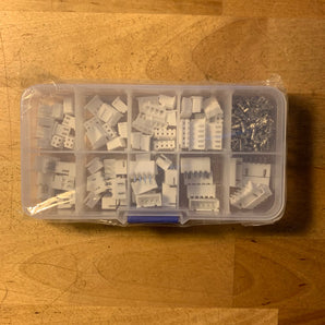 230-piece JST-XH 2.54mm connector kit with 2-, 3-, 4-, and 5-pin white housings, PCB headers, and loose crimp terminals
